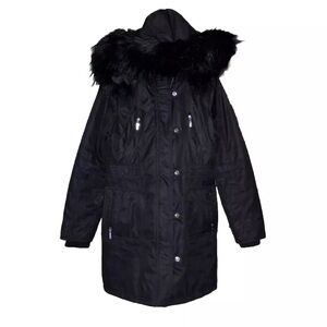 Kensie Women's Black Faux Fur Hooded Fitted Parka Winter Coat Jacket Size Medium